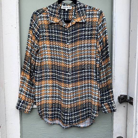 Teoh & Lea Button Down Houndstooth Viscose Blouse Yellow Green Brown Size S - Picture 3 of 4